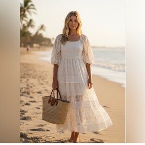 A Collective Story Peasant Boho Tiered Maxi Dress White size Medium NWT NEW